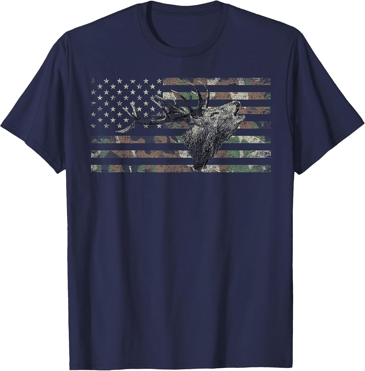 Deer Hunting Camo American Flag Buck Calling Hunter Country T-Shirt - Navy Blue
