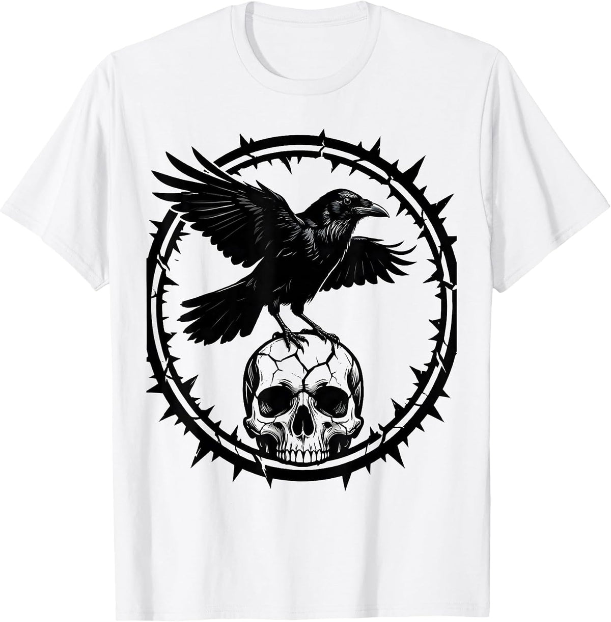 Men's Crow Perched on Skull Dark Gothic Horror Design T-Shirt - White