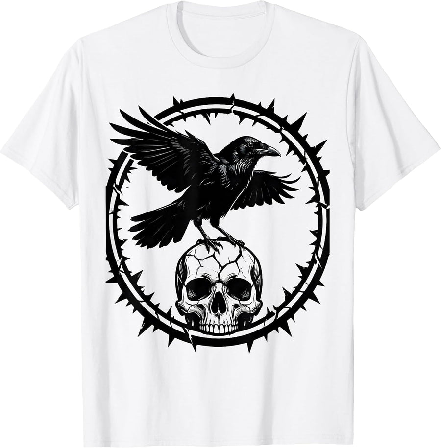Men's Crow Perched on Skull Dark Gothic Horror Design T-Shirt - White