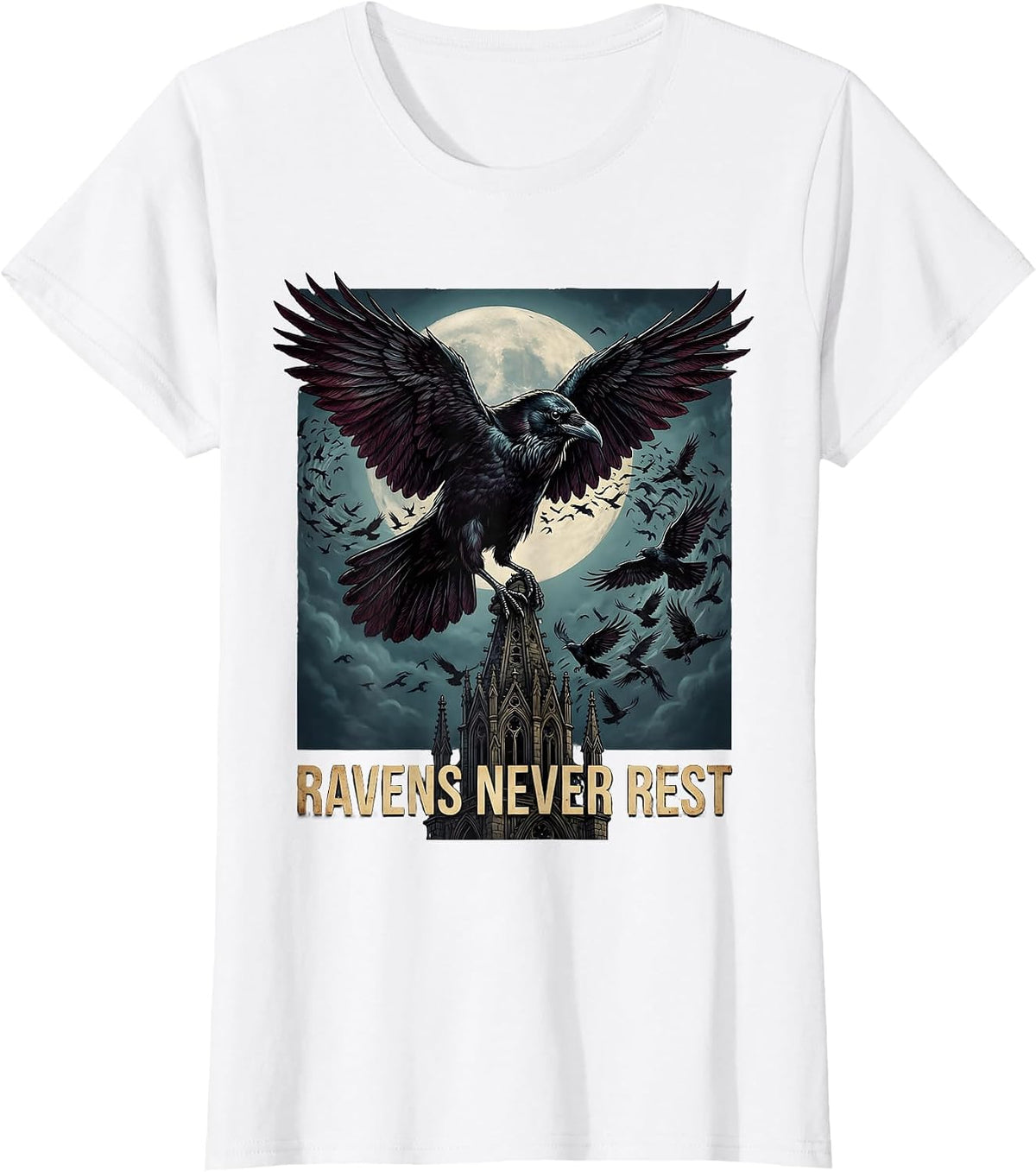 Ravens Never Rest Gothic Dark Bird Design T-Shirt - White