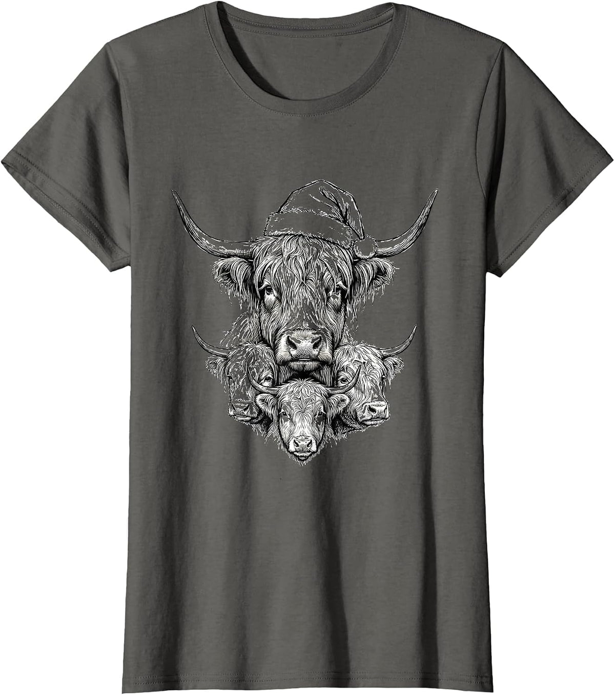 Women's Highland Cow Santa Hat Farm Animal Christmas Humor T-Shirt - Asphalt Grey
