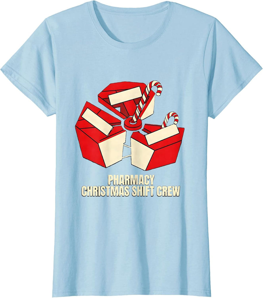 Women's Pharmacy Christmas Shift Crew Funny Pharmacist Tech Holiday T-Shirt - Baby Blue