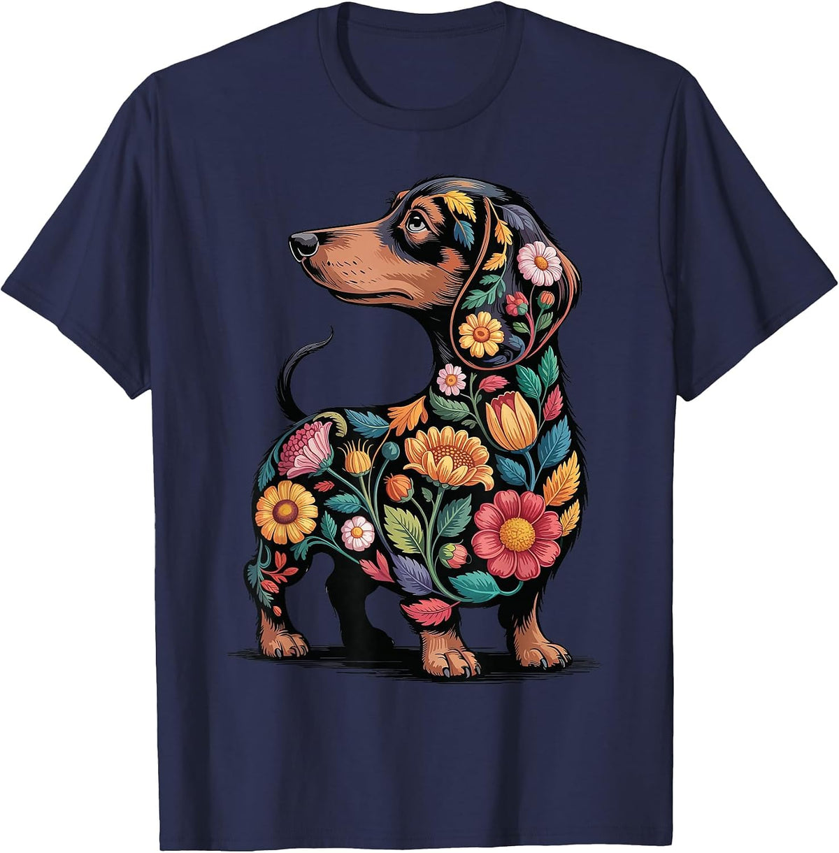 Dachshund Floral Weiner Dog Flowers T-Shirt - Navy Blue