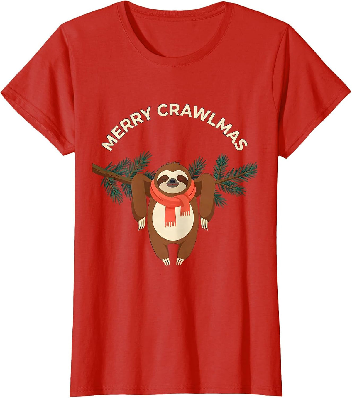 Women's Merry Crawlmas Funny Sloth Lover Ugly Christmas Sweater T-Shirt - Red