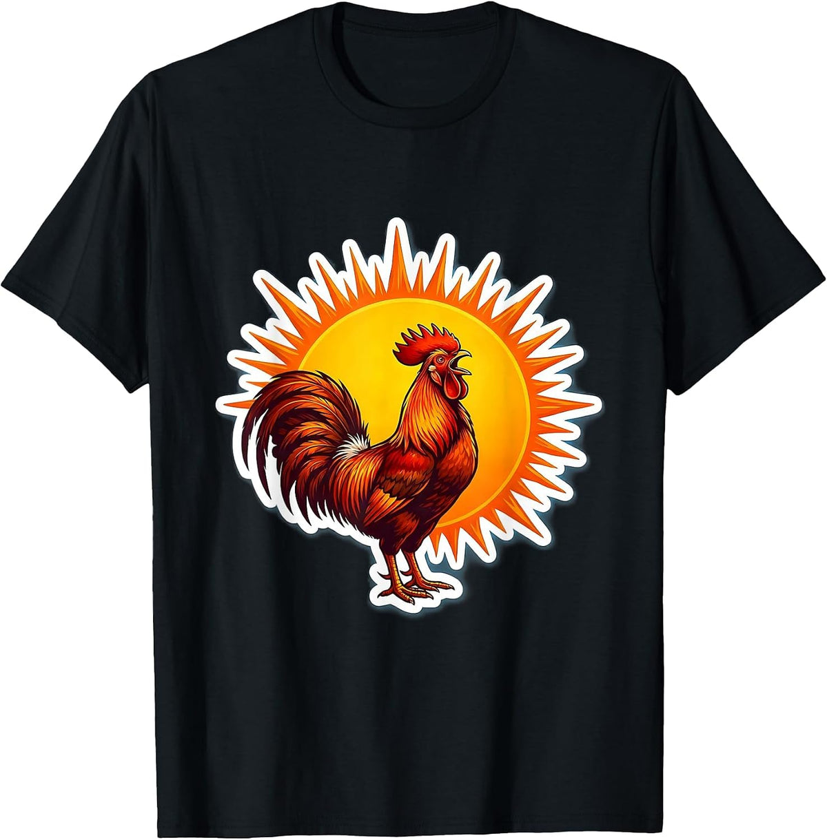 Men's Rooster Crowing at Rising Sun Graphic Design T-Shirt - Black
