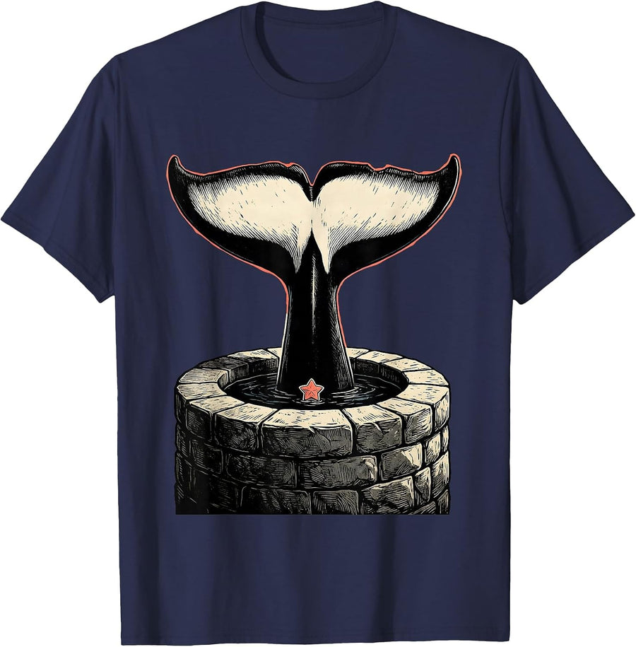 Orca Fluke Wishing Well Linocut Ocean Animal Humor T-Shirt - Navy Blue