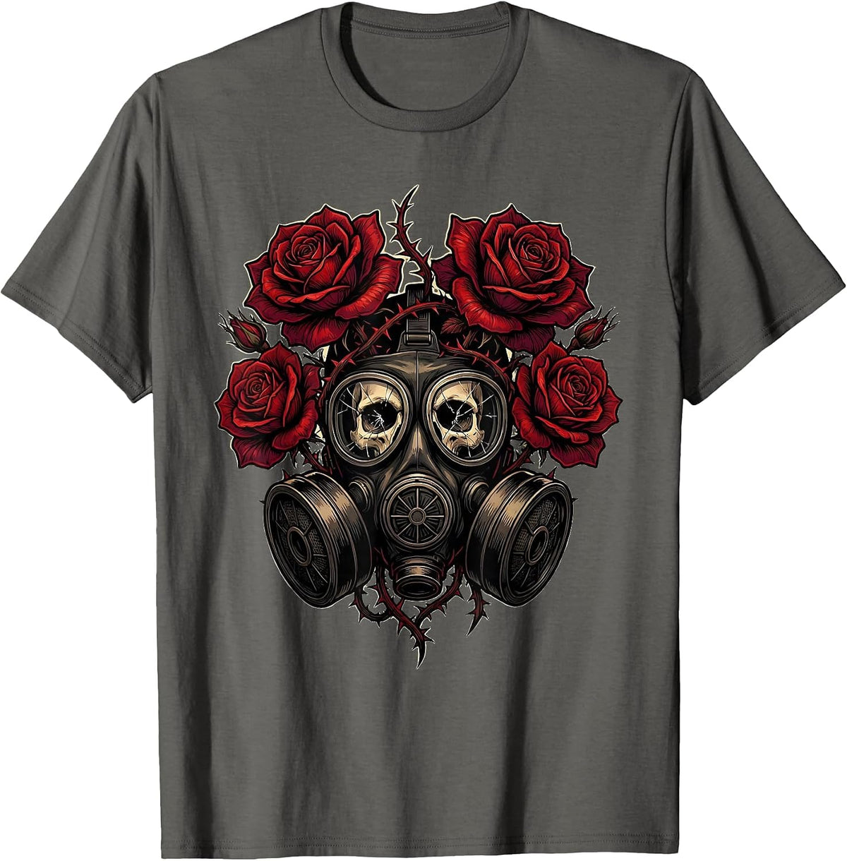 Men's Grunge Gas Mask Floral Growth Illustration T-Shirt - Asphalt Grey