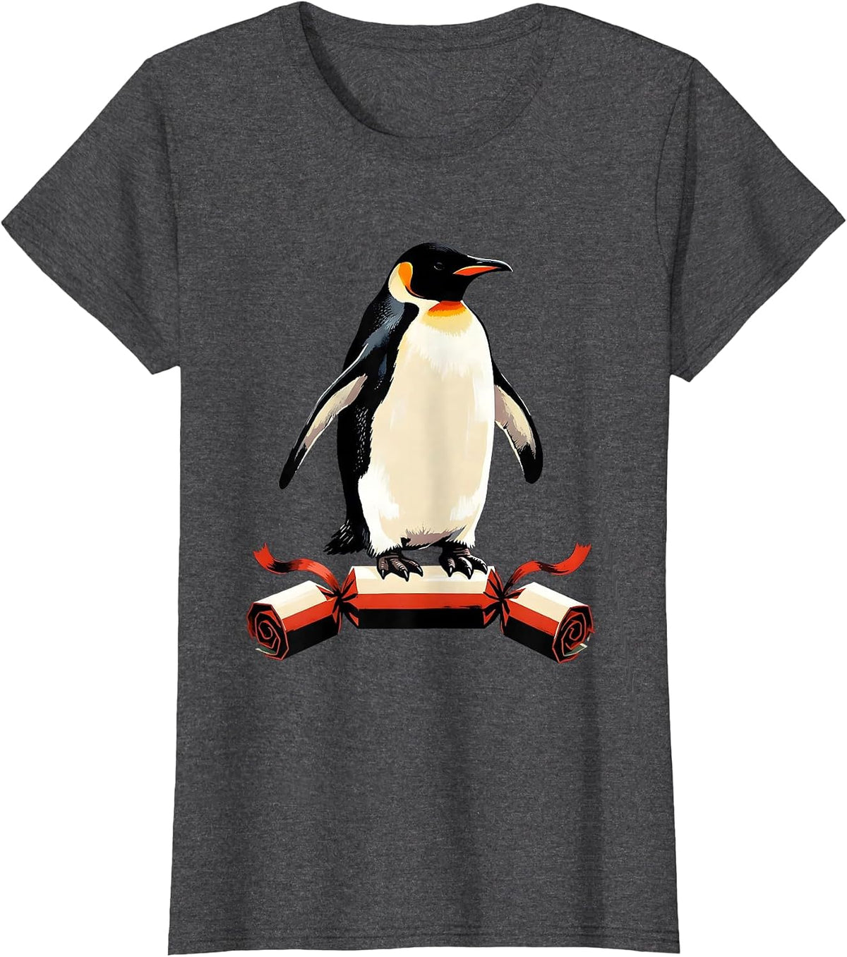Women's Penguin Bursting From Cracker Funny Christmas Humor T-Shirt - Dark Heather Grey