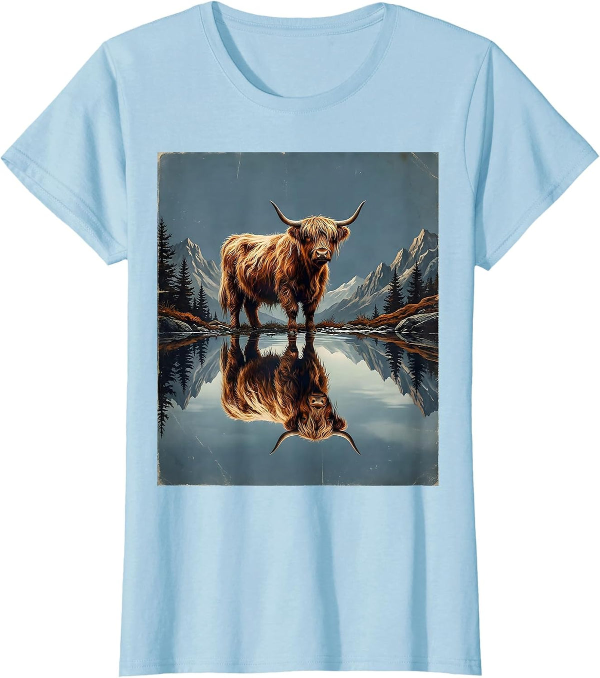 Highland Cow Reflection Mountain Lake Illustration T-Shirt - Baby Blue