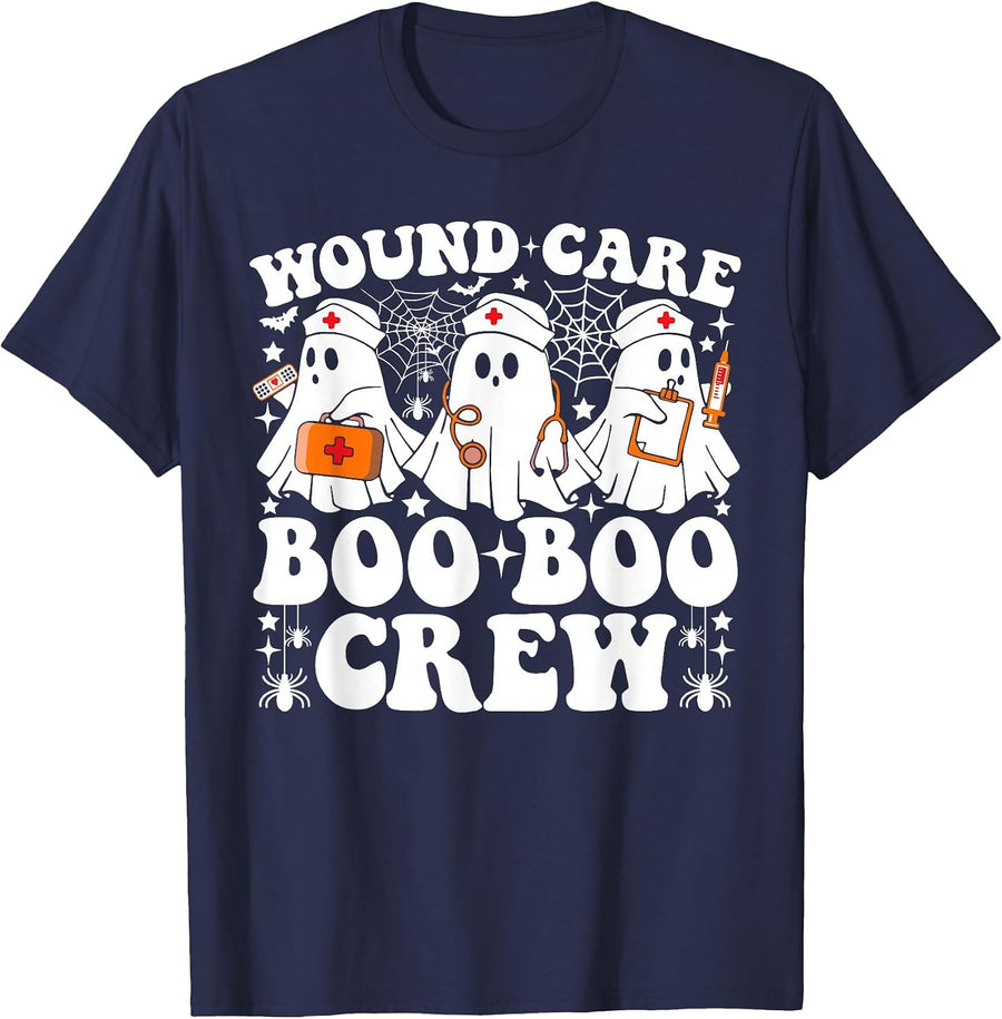 Wound Care Boo Boo Crew Nurse Funny Ghost Halloween Nurse T-Shirt - Navy Blue