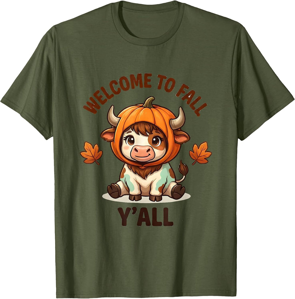 Welcome To Fall, Y'All Cute Highland Cow Halloween Fall T-Shirt - Olive Green
