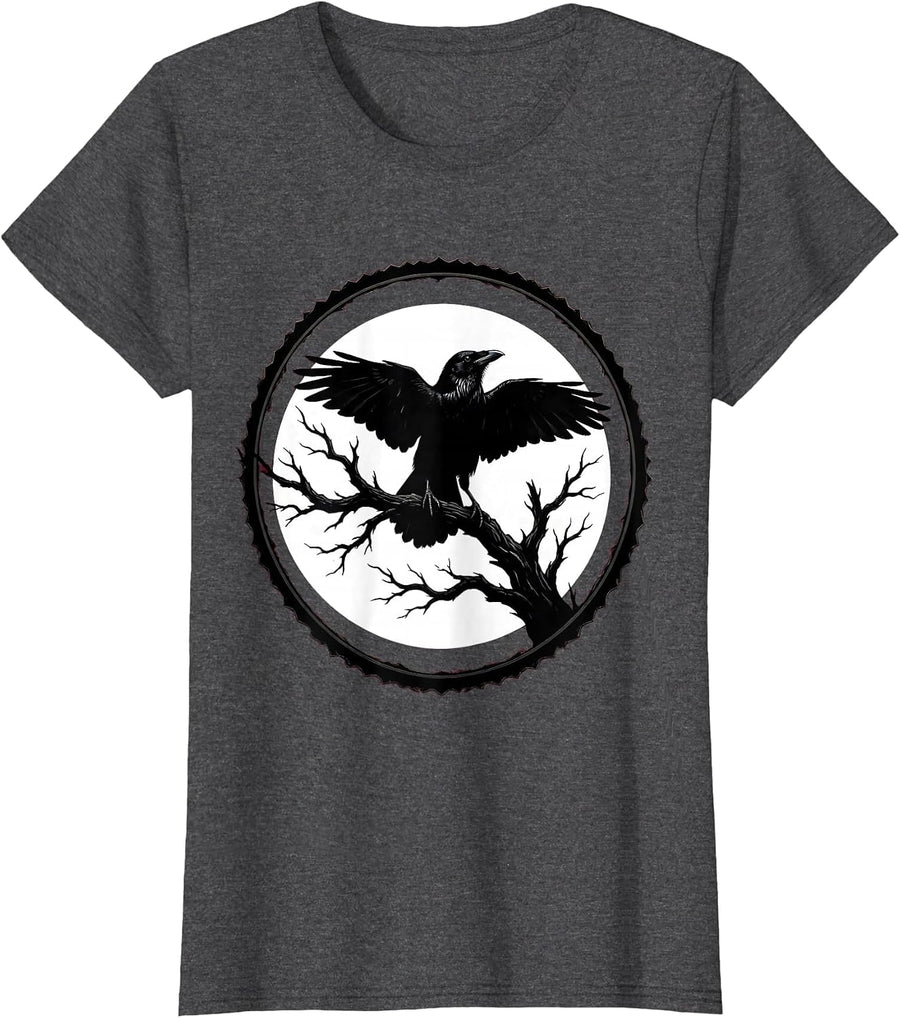 Women's Bold Crow Silhouette Blood Moon Graphic T-Shirt - Dark Heather Grey