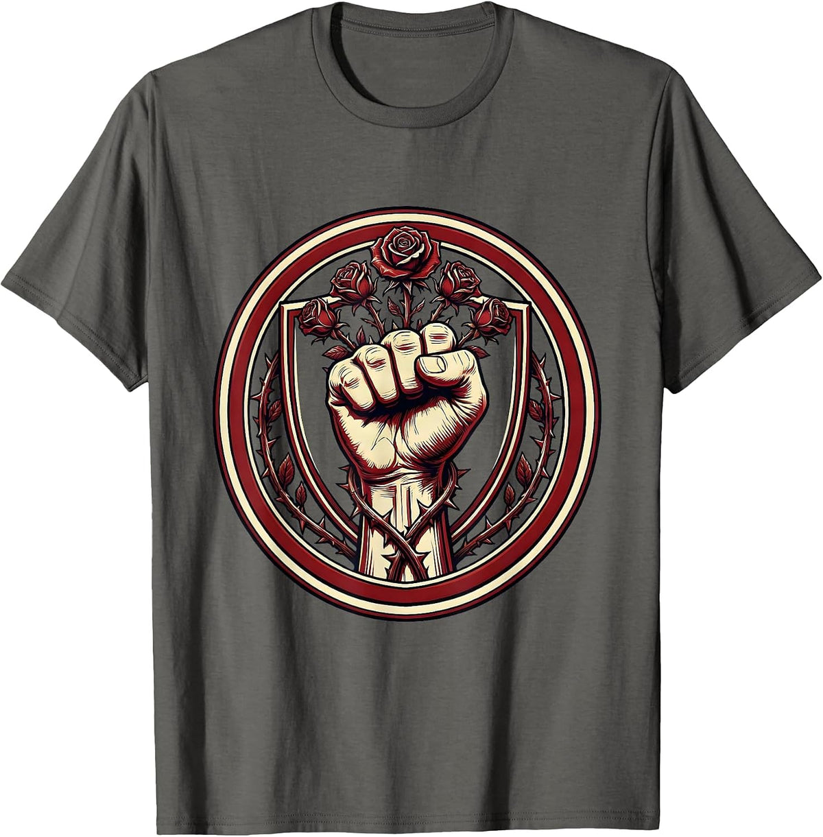 Clenched Fist With Roses Graphic Design T-Shirt - Asphalt Grey