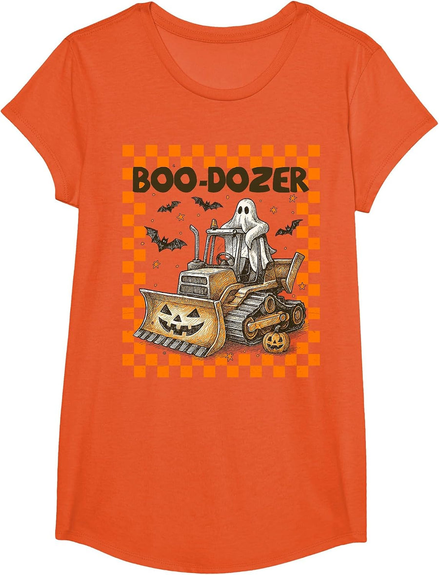 Bulldozer Halloween Boo Dozer Construction Truck Boy Kids T-Shirt - Girls Orange