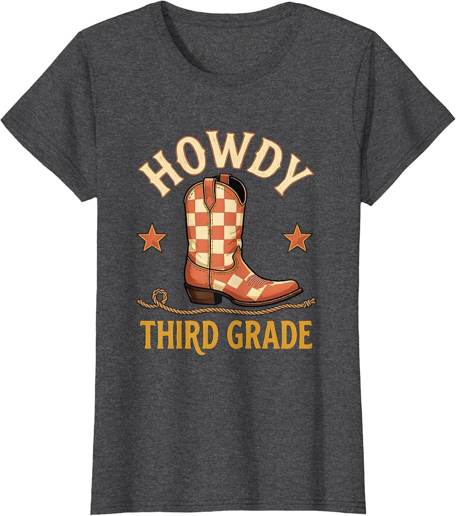 Women's Howdy Third Grade Folk Art Western Teacher Back To School T-Shirt - Dark Heather Grey