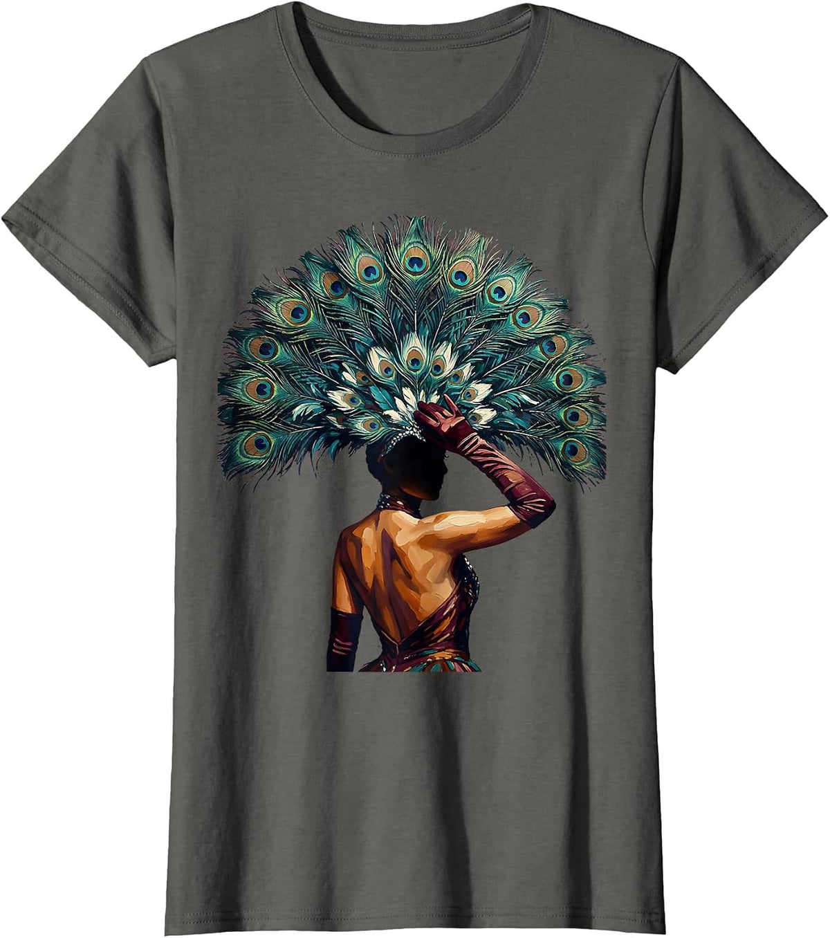Women's Showgirl Feather Headpiece Backstage Illustration T-Shirt - Asphalt Grey