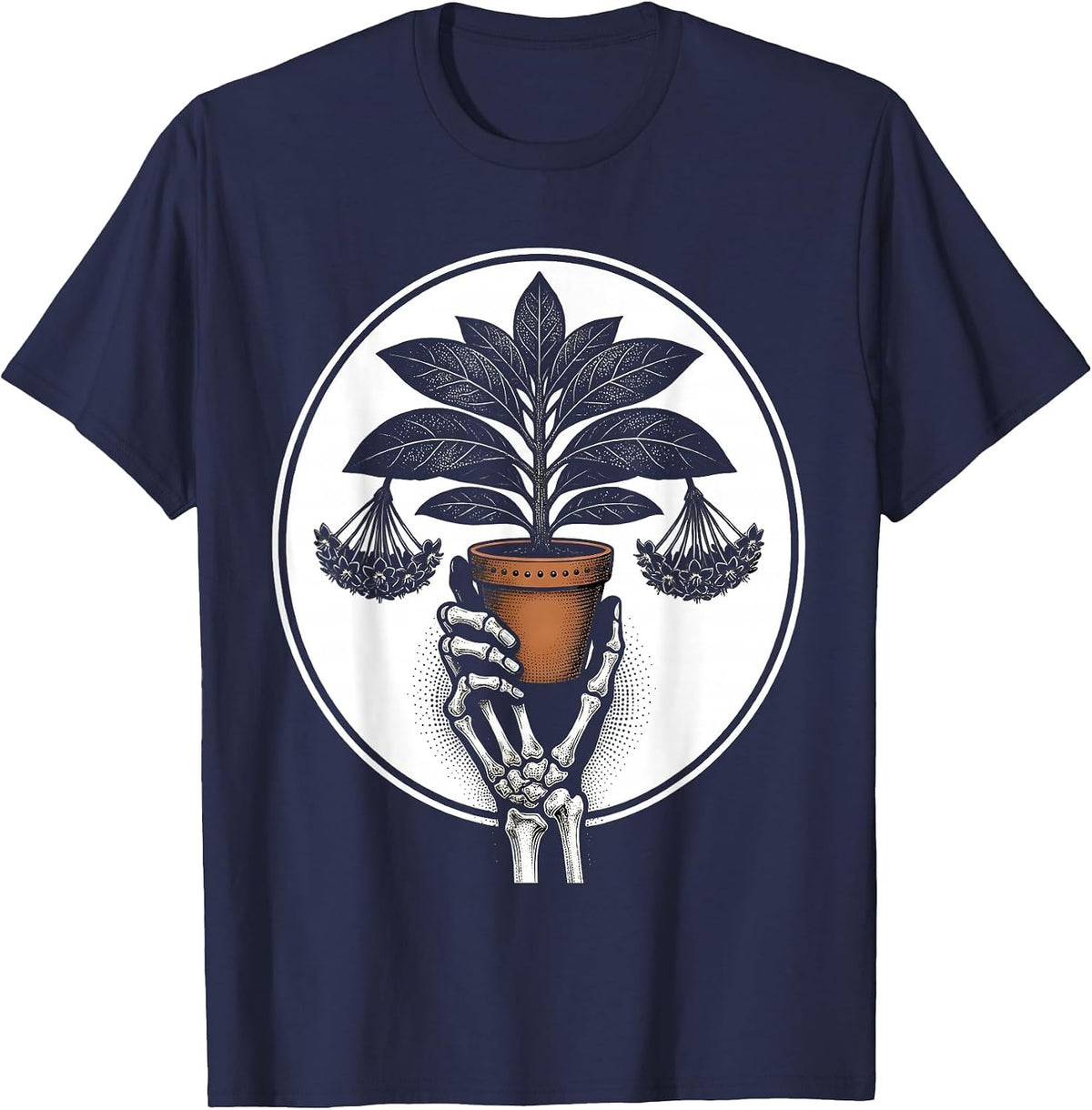 Men's Skeletal Hand Hoya Blackwork Plant Lover Grunge Humor T-Shirt - Navy Blue