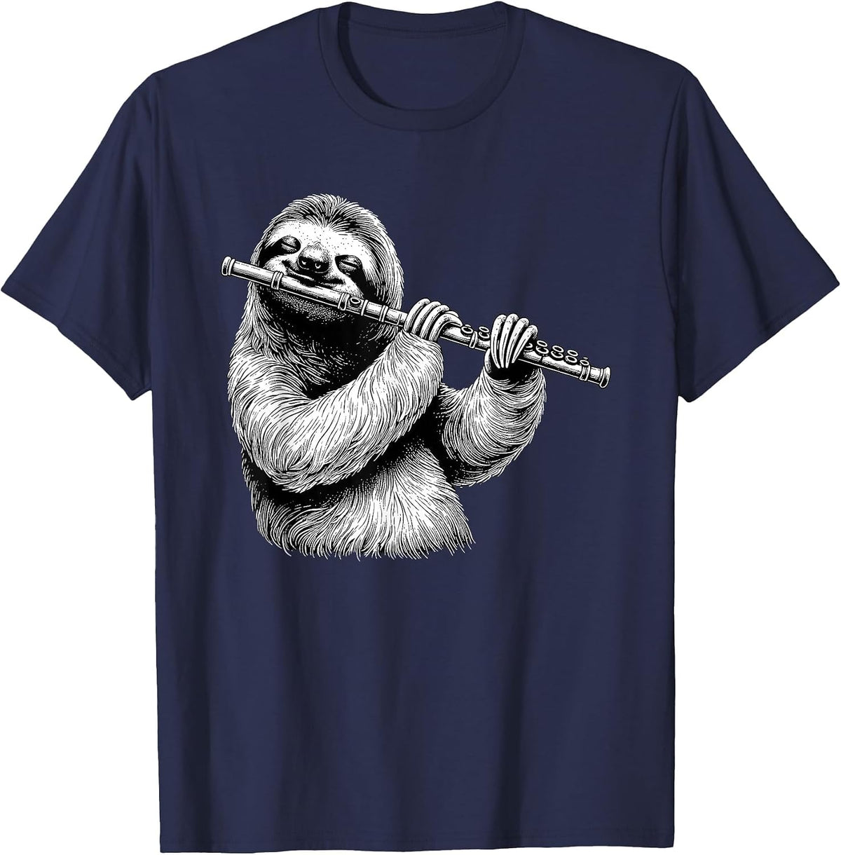 Sloth Playing Flute Flutist Player Instrument Musician T-Shirt - Navy Blue