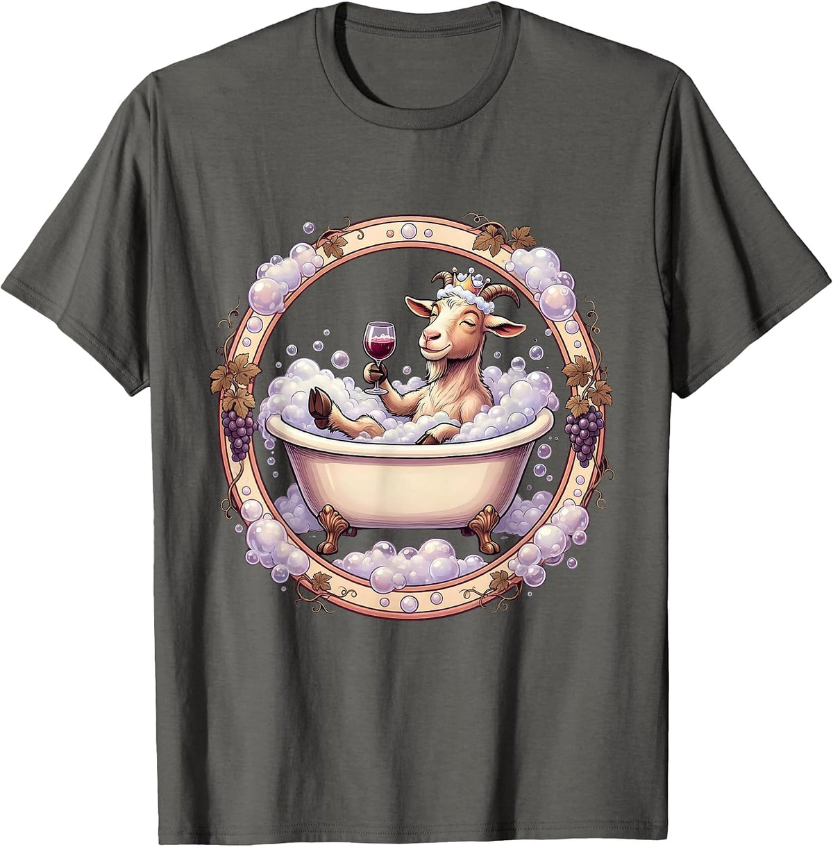 Men's Goat In Bath Bubbles Drinking Wine Funny T-Shirt - Asphalt Grey