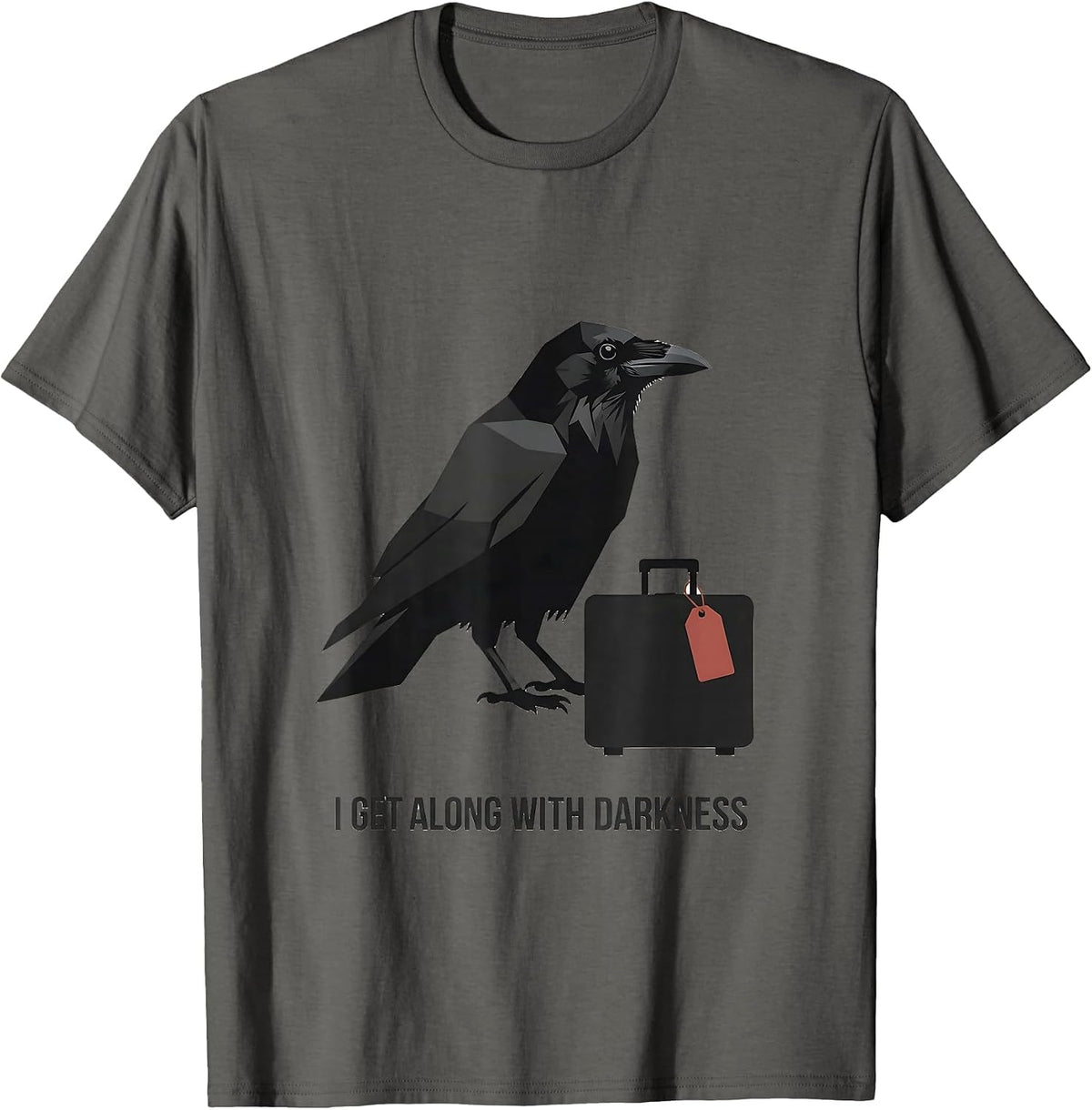 I Get Along With Darkness Editorial Gothic Crow Dark Humor T-Shirt - Asphalt Grey