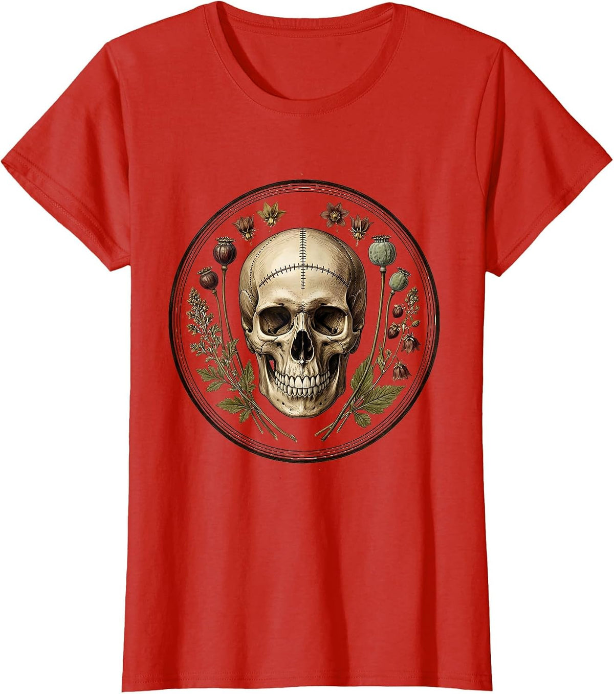 Women's Grinning Skull Surgical Scar Dark Humor Graphic T-Shirt - Red