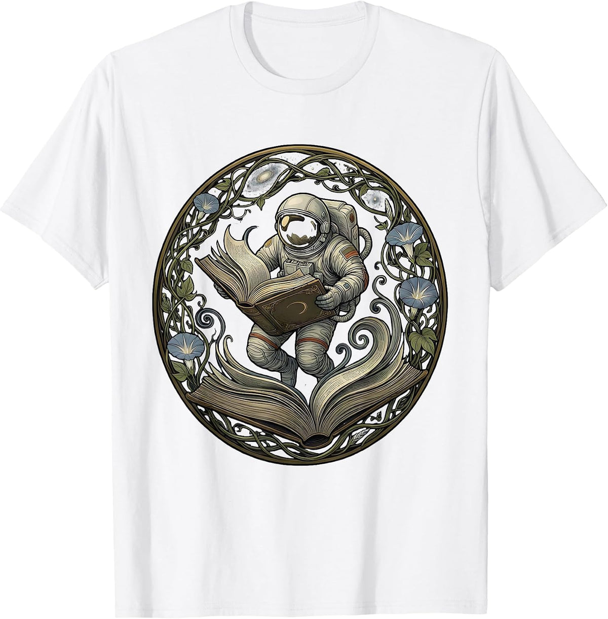 Men's Astronaut Floating With Open Book Space Art T-Shirt - White