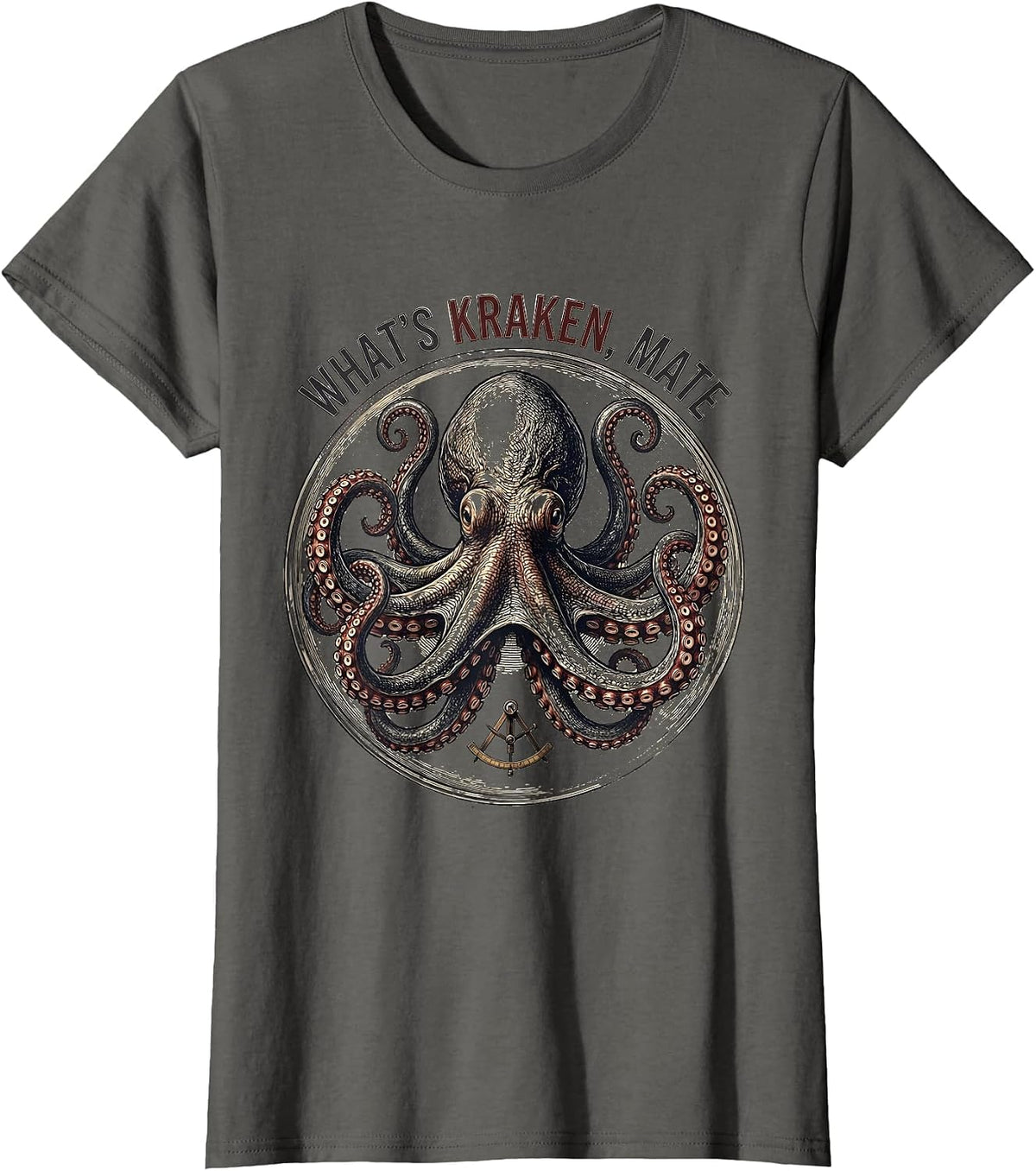 Women's What's Kraken, Mate Vintage Kraken Octopus Illustration T-Shirt - Asphalt Grey