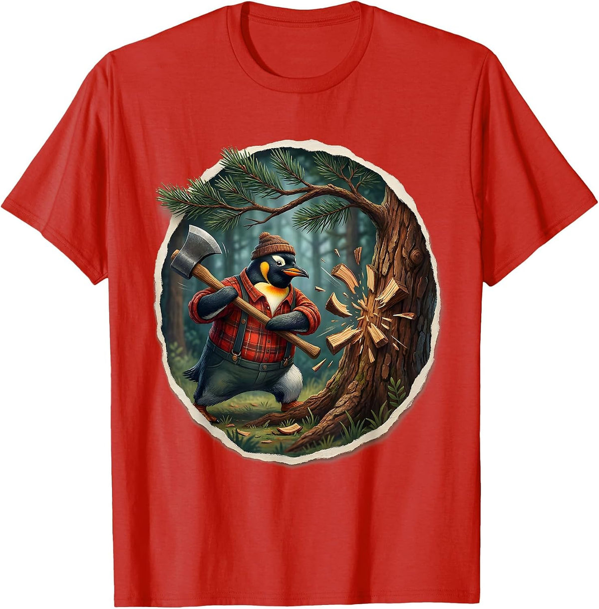Men's Penguin Lumberjack Swinging Axe at Giant Tree T-Shirt - Red