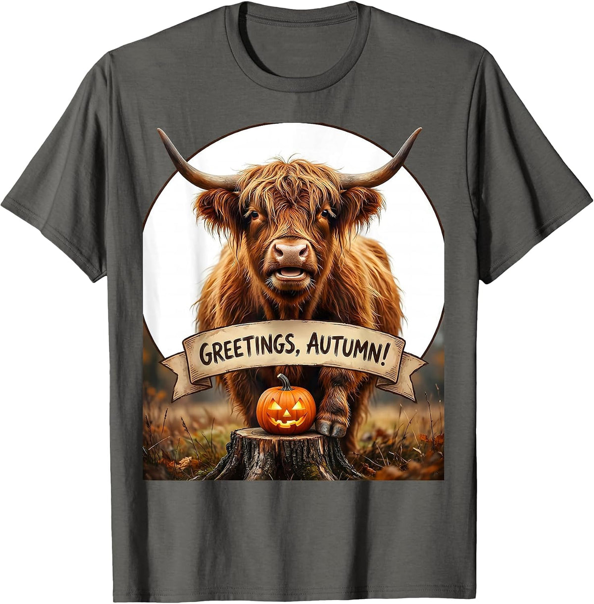 Greetings, Autumn! Whimsical Highland Cow Fall Halloween T-Shirt - Asphalt Grey