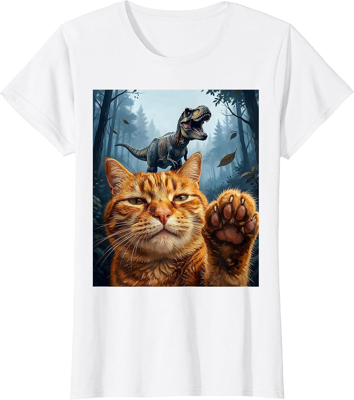 Women's Cat Selfie With T-Rex Dinosaur Funny Meme Cat Lover T-Shirt - White