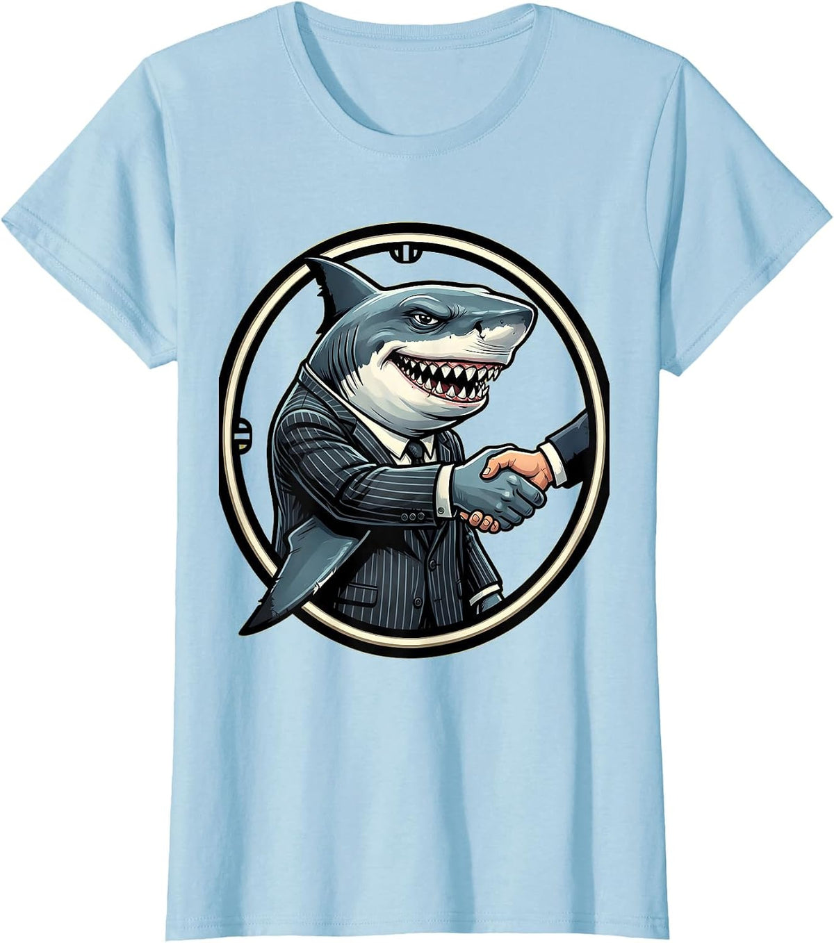 Shark Business Suit Handshake Funny Graphic T-Shirt - Baby Blue