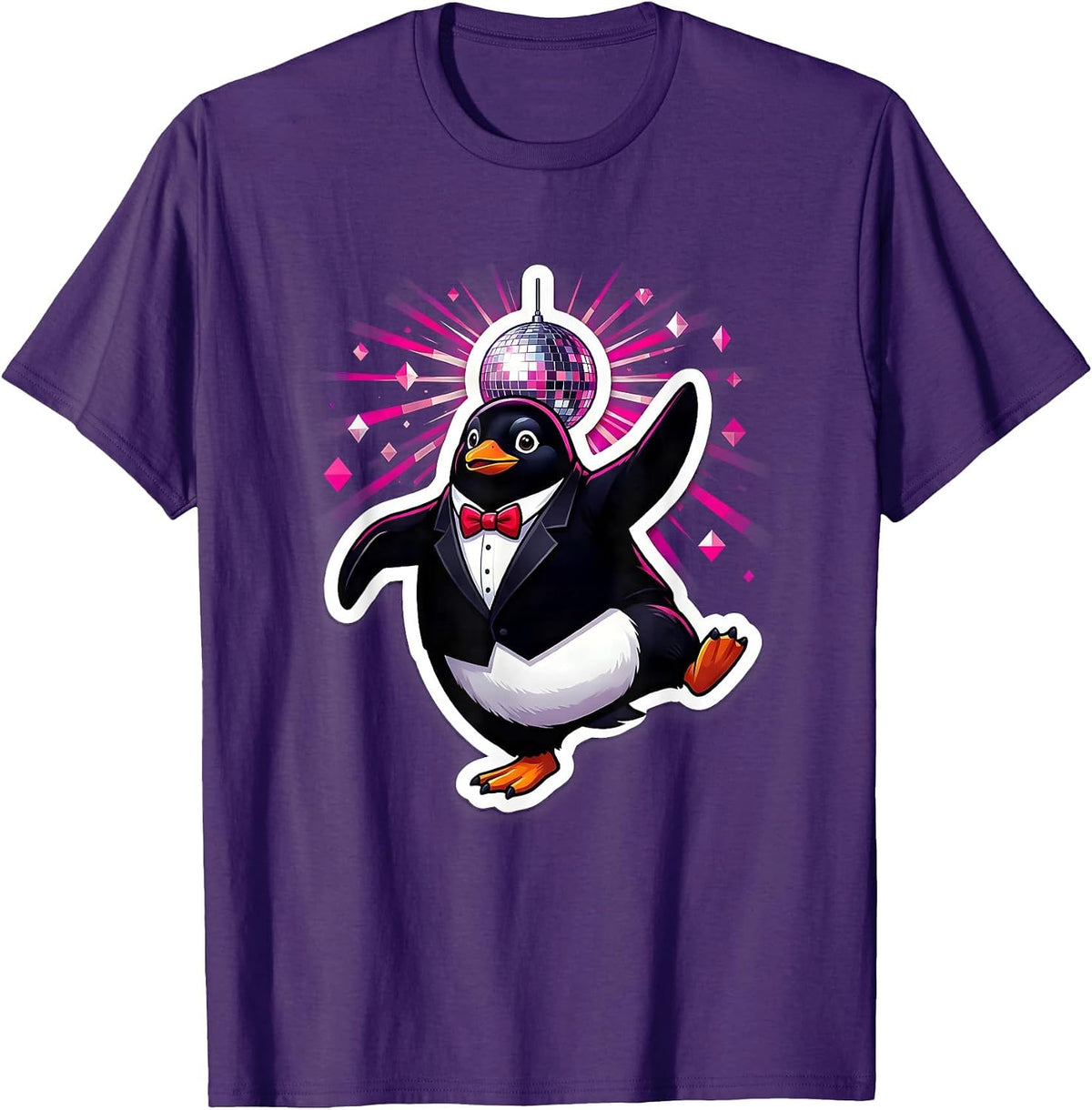 Men's Penguin in Tuxedo Dancing Under Disco Ball T-Shirt - Purple