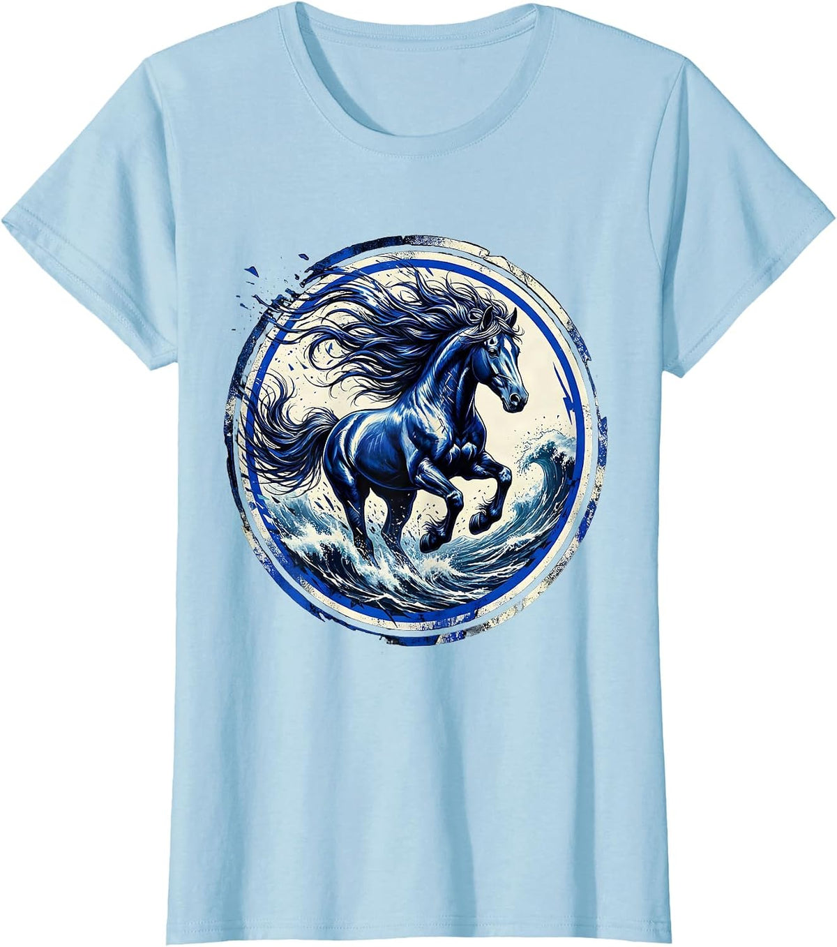 Wild Horse Ocean Waves Freedom Long Sleeve T-Shirt - Baby Blue