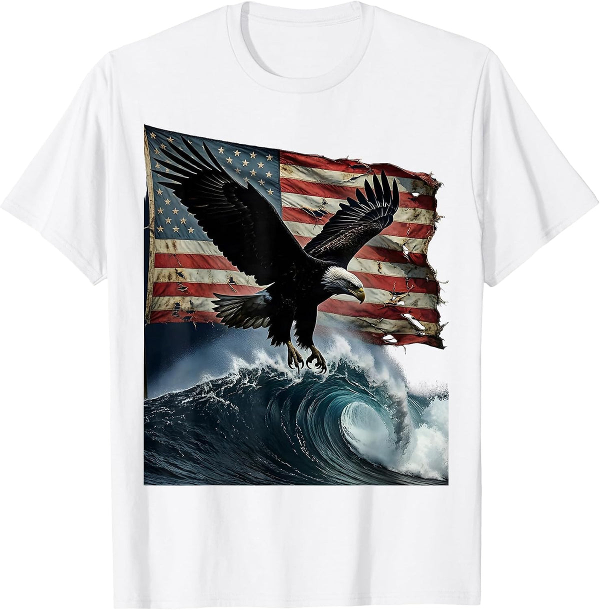 Men's Bald Eagle Diving Ocean Wave USA Freedom T-Shirt - White