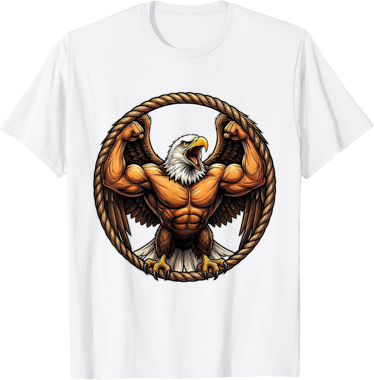 Men's Bald Eagle Flexing Muscles Patriotic Graphic T-Shirt - White