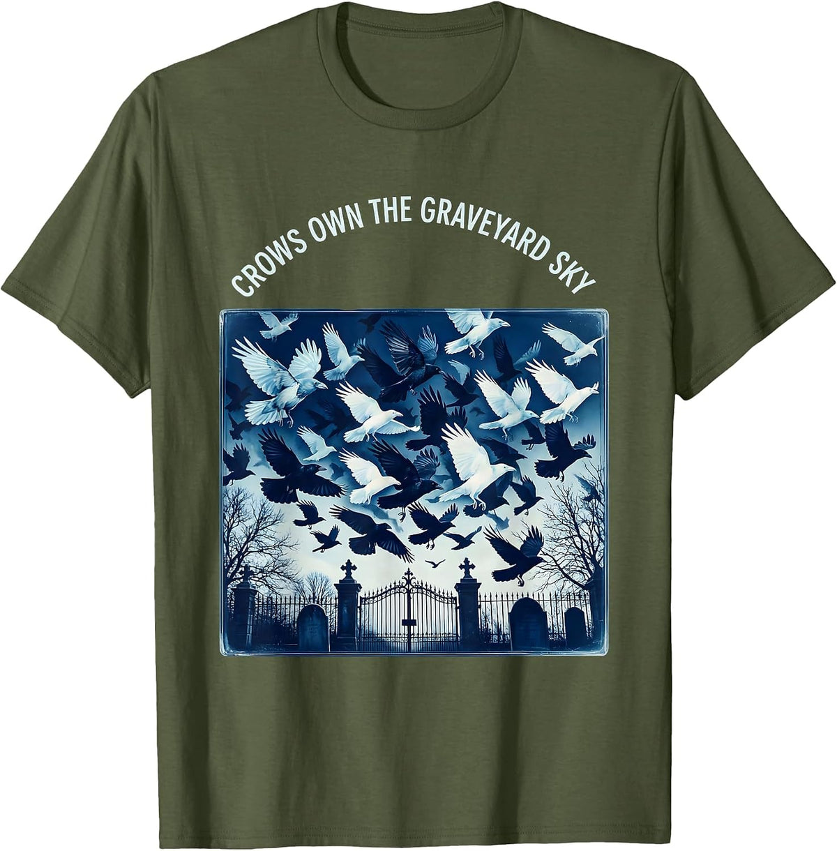 Men's Crows Own the Graveyard Sky Gothic Halloween Design T-Shirt - Olive Green