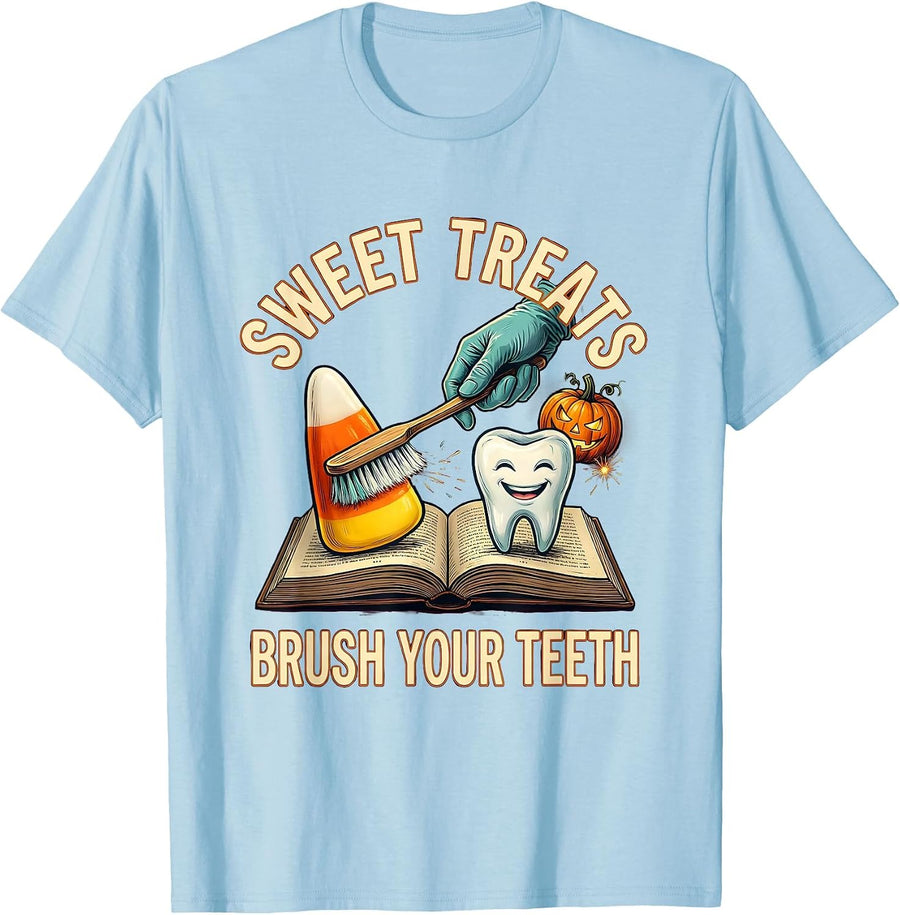 Men's Sweet Treats Brush Your Teeth Playful Dental Humor Halloween T-Shirt - Baby Blue