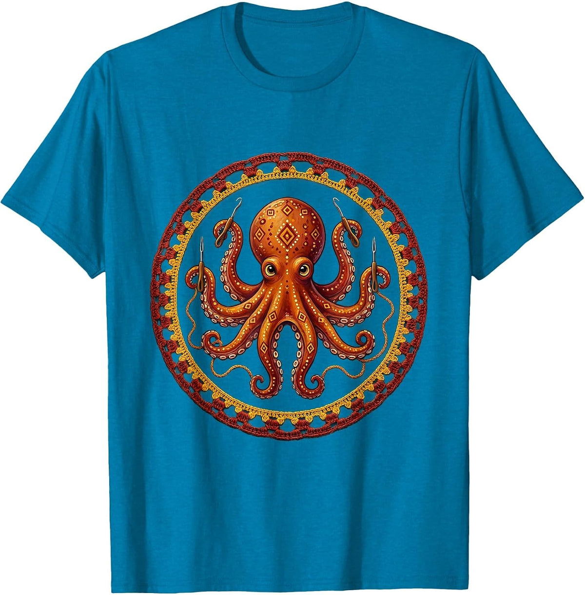 Octopus Crocheting With All Eight Arms T-Shirt - Sapphire Blue