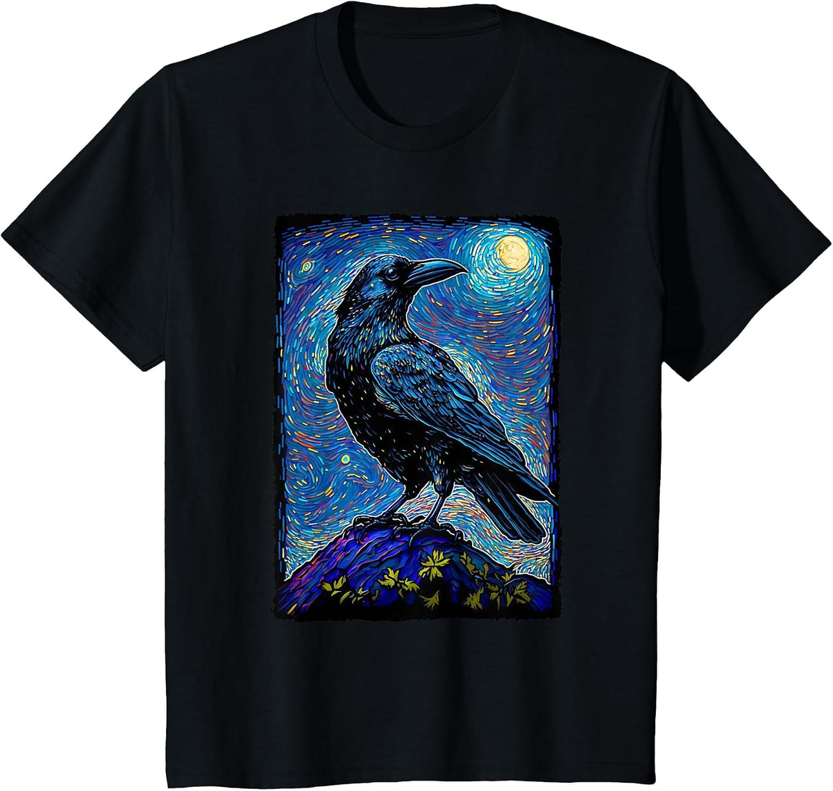 Raven Starry Night Style Painting, Van Gogh Crow Lover T-Shirt - Black