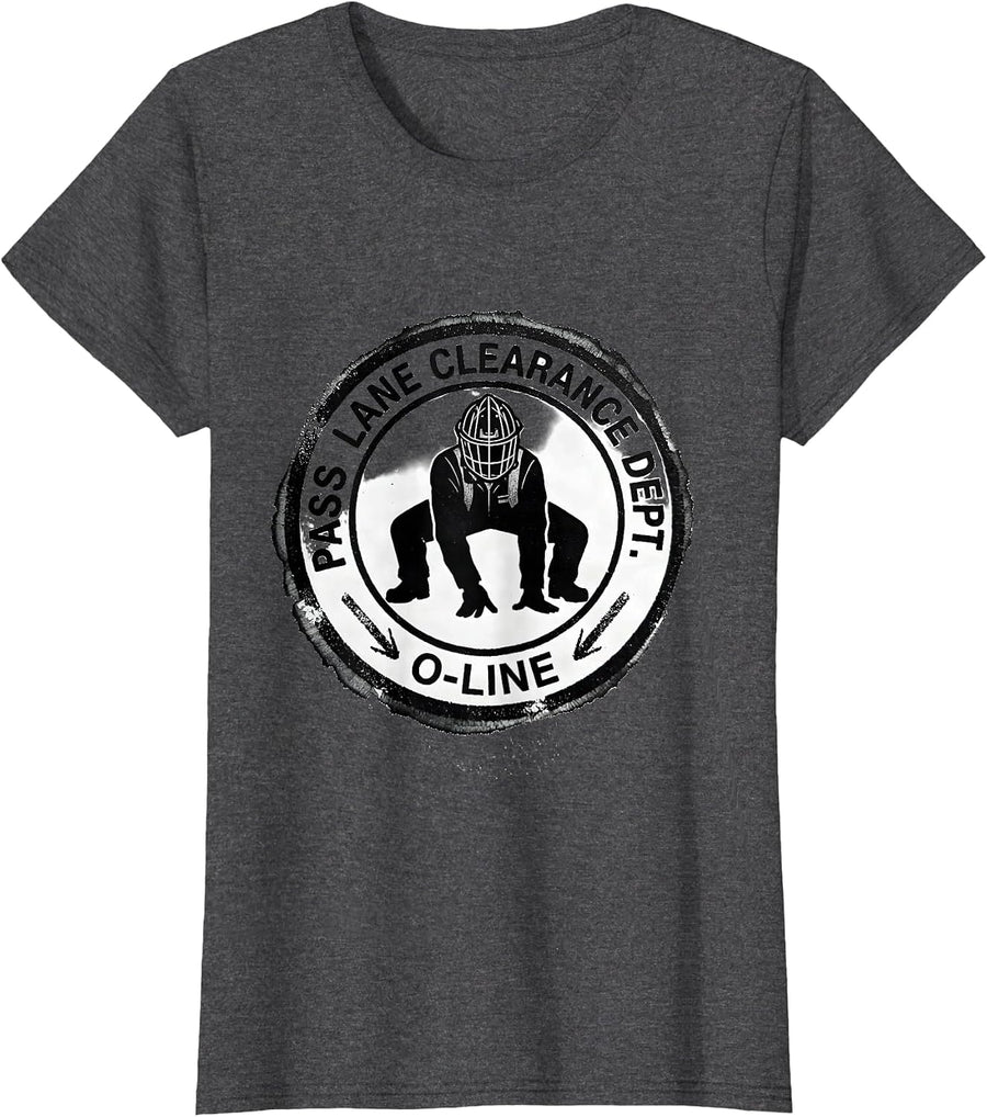 Women's Pass Lane Clearance Dept. O-Line Football Lineman Humor T-Shirt - Dark Heather Grey
