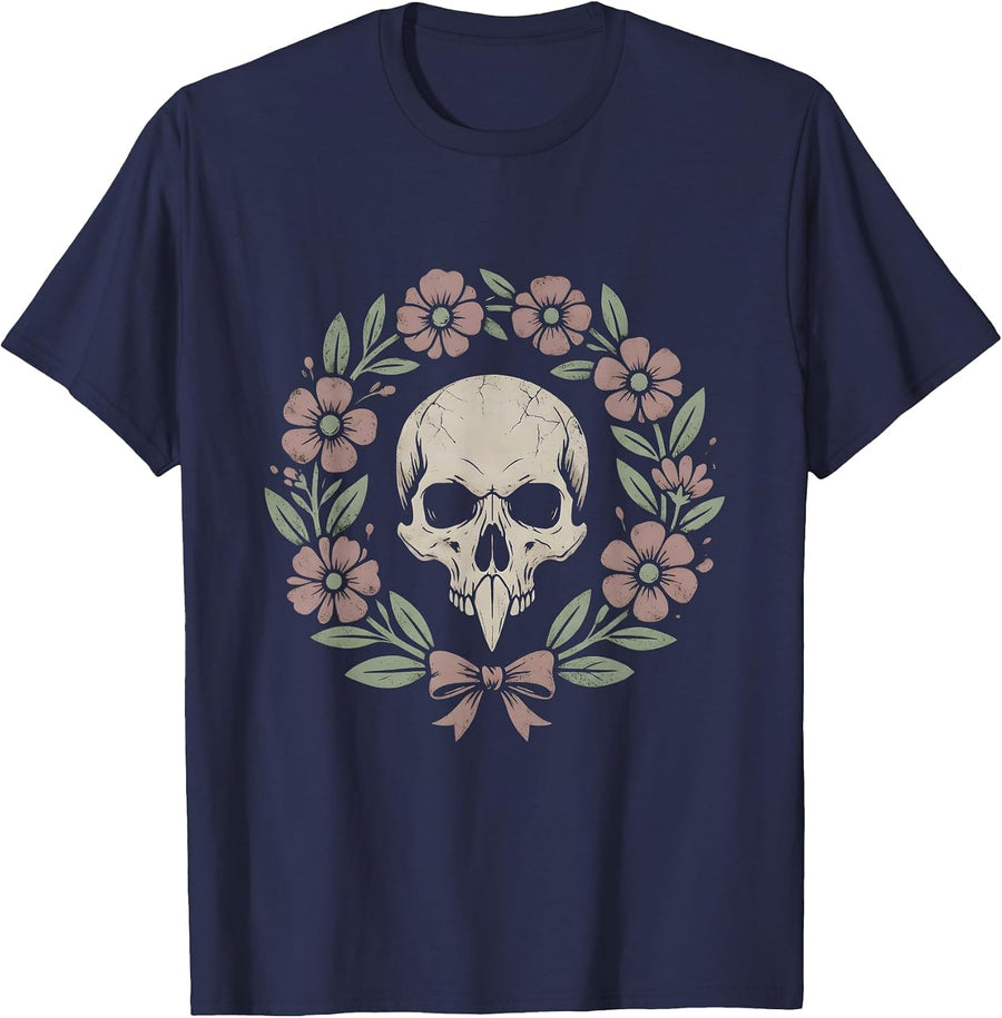 Crow Skull Wildflowers Halloween Gothic Floral Art T-Shirt - Navy Blue