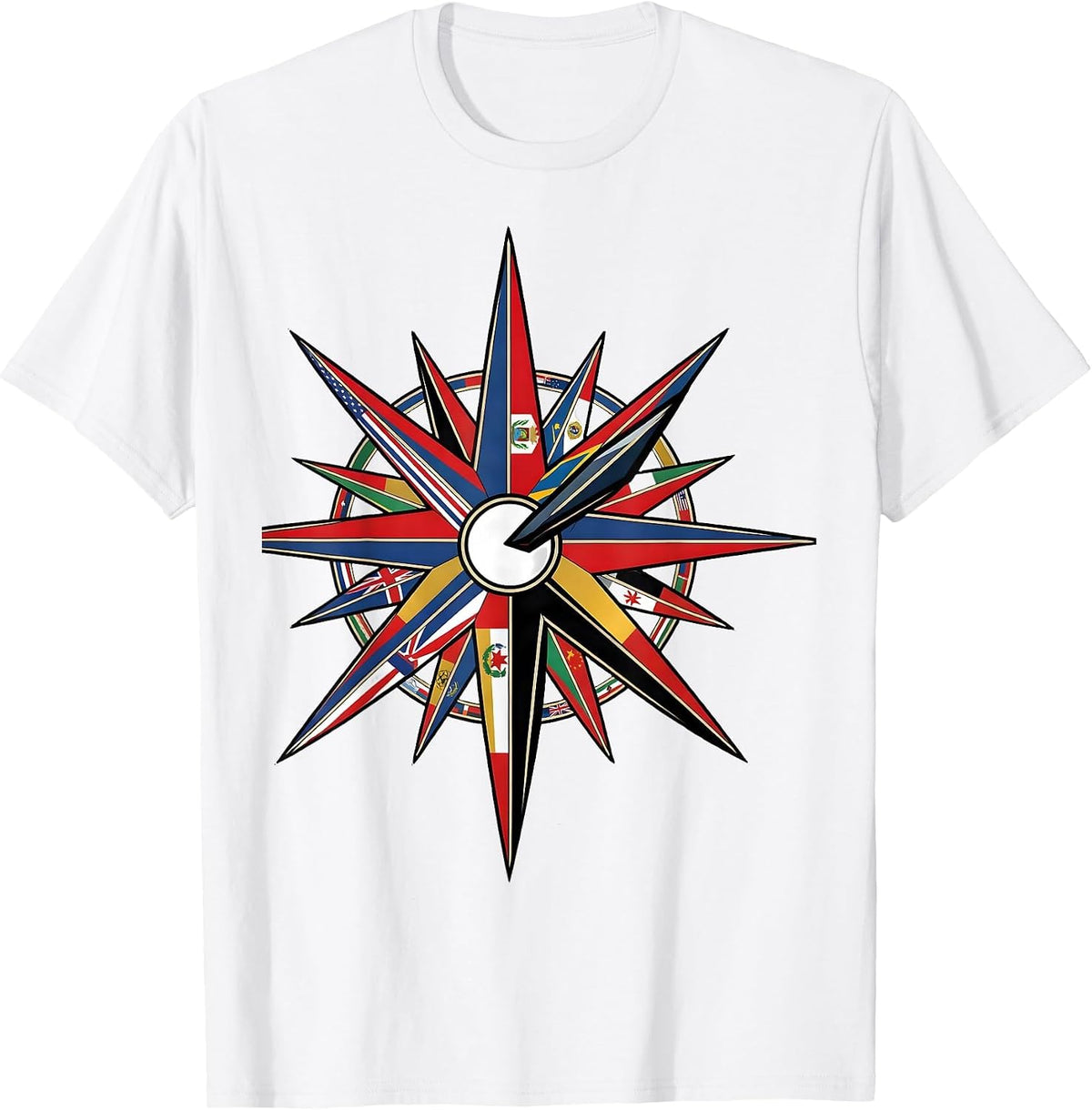 Men's Compass Point Star World Flags Geography Lover T-Shirt - White