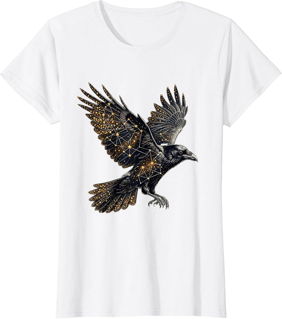 Women's Crow Constellation Silhouette Star Art Design T-Shirt - White