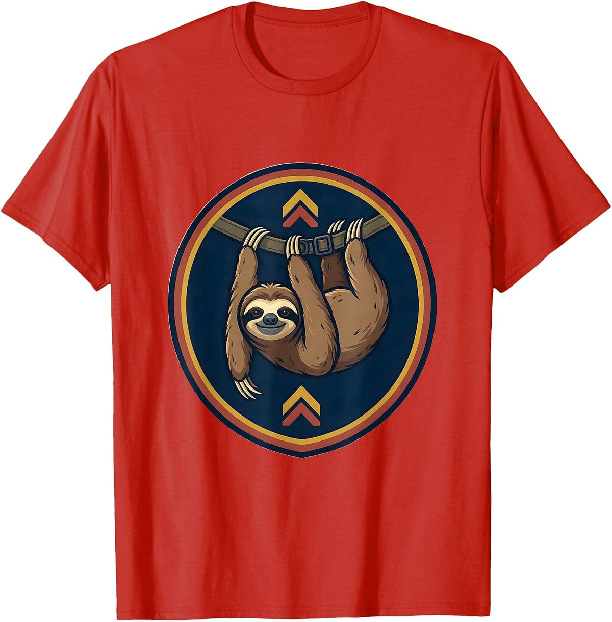 Men's Circular Shield Sloth Badge Hiking Backpack Emblem Humor T-Shirt - Red