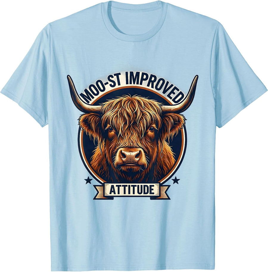 Men's Moo-st Improved Attitude Funny Highland Cow Sarcastic Animal T-Shirt - Baby Blue