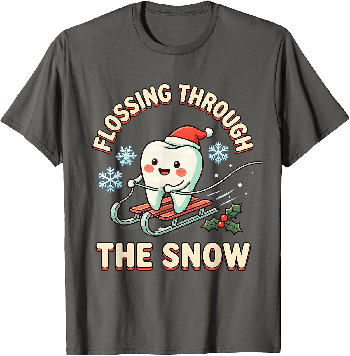 Flossing Through the Snow Cute Kawaii Dentist Christmas T-Shirt - Asphalt Grey