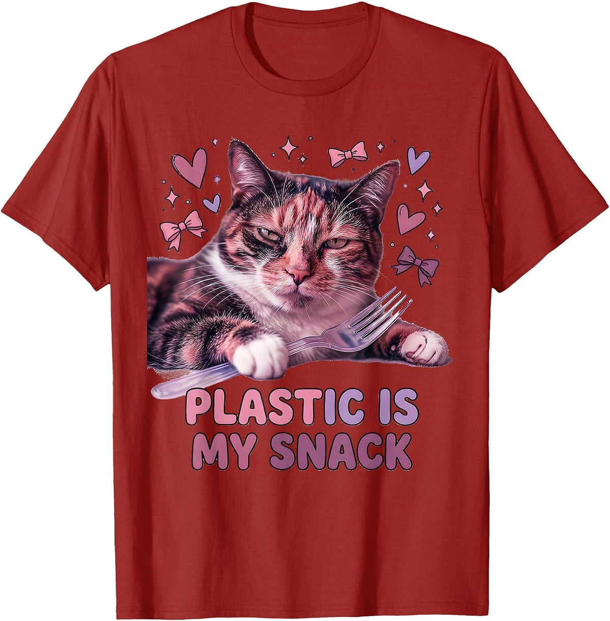 Plastic Is My Snack Cute Cat Meme Absurdist Irony T-Shirt - Cranberry Red