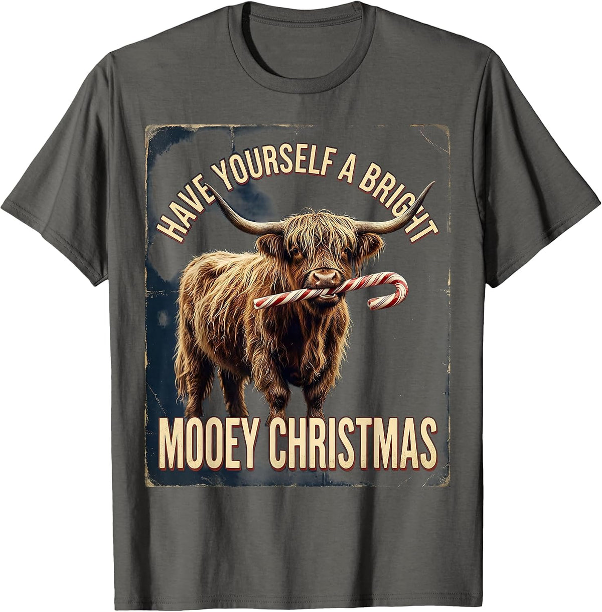 Men's Have Yourself A Bright Mooey Christmas Vintage Highland Cow T-Shirt - Asphalt Grey
