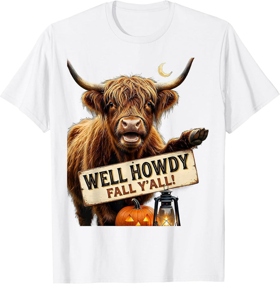 Men's Well Howdy, Fall Y'all! Whimsical Highland Cow Halloween T-Shirt - White