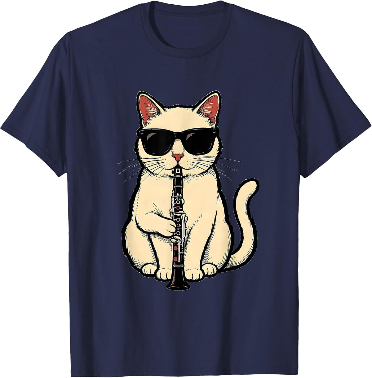 Men's Funny Cat Wearing Sunglasses Playing Clarinet Musician T-Shirt - Navy Blue